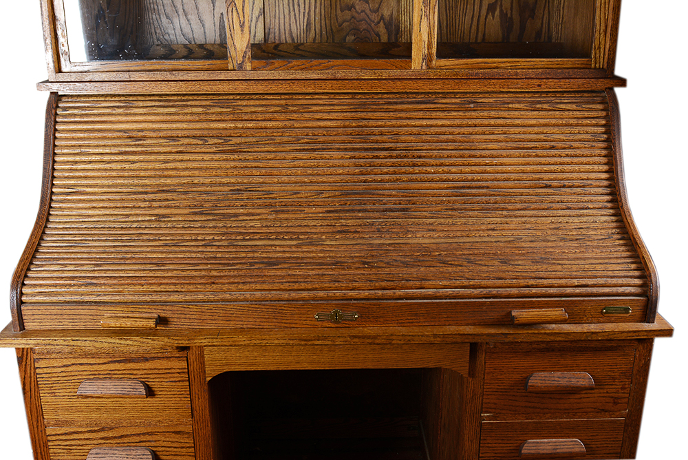 Oak Rolltop Desk with Sliding Glass Door Cabinet