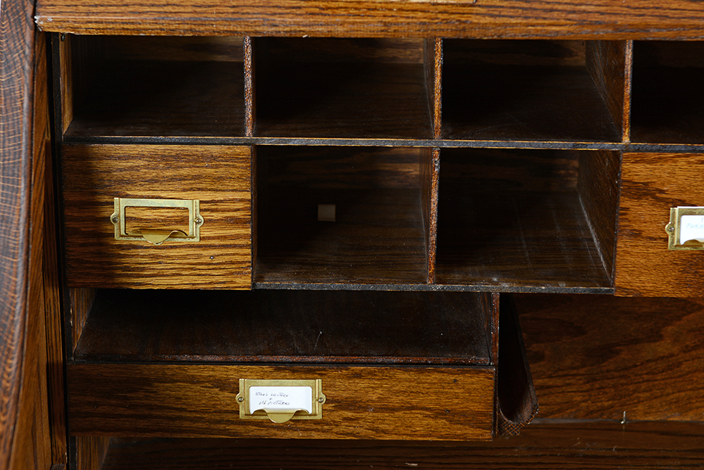 Oak Rolltop Desk with Sliding Glass Door Cabinet