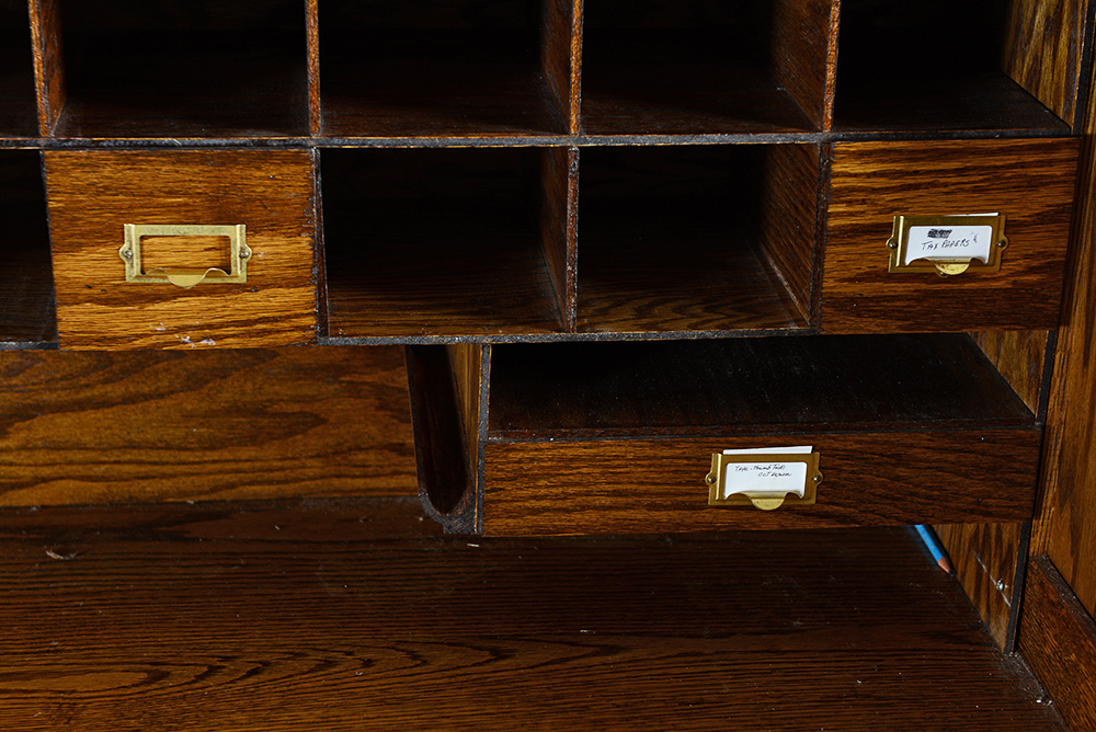 Oak Rolltop Desk with Sliding Glass Door Cabinet