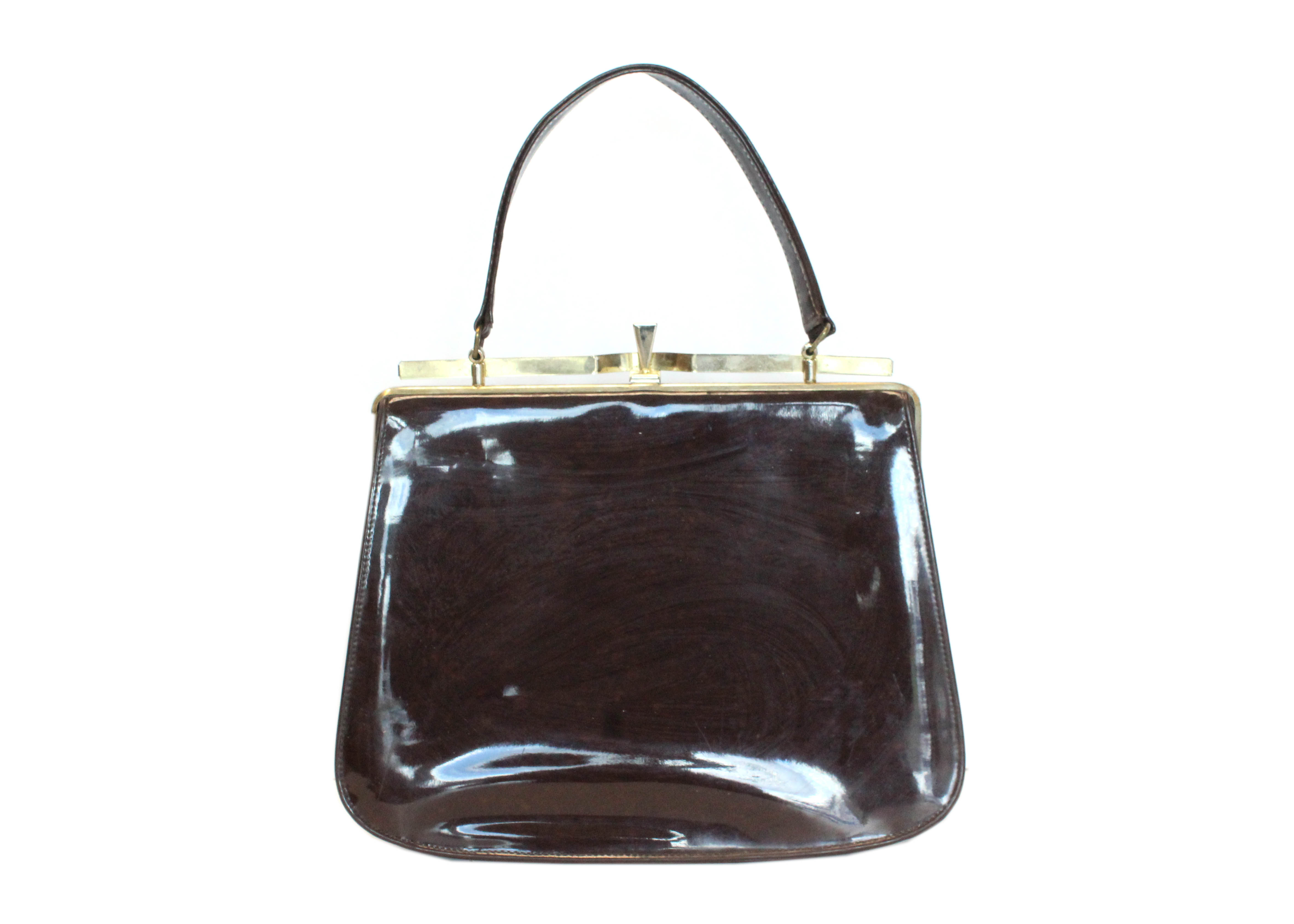 1960s Brown Patent Leather and Faux Suede Handbag