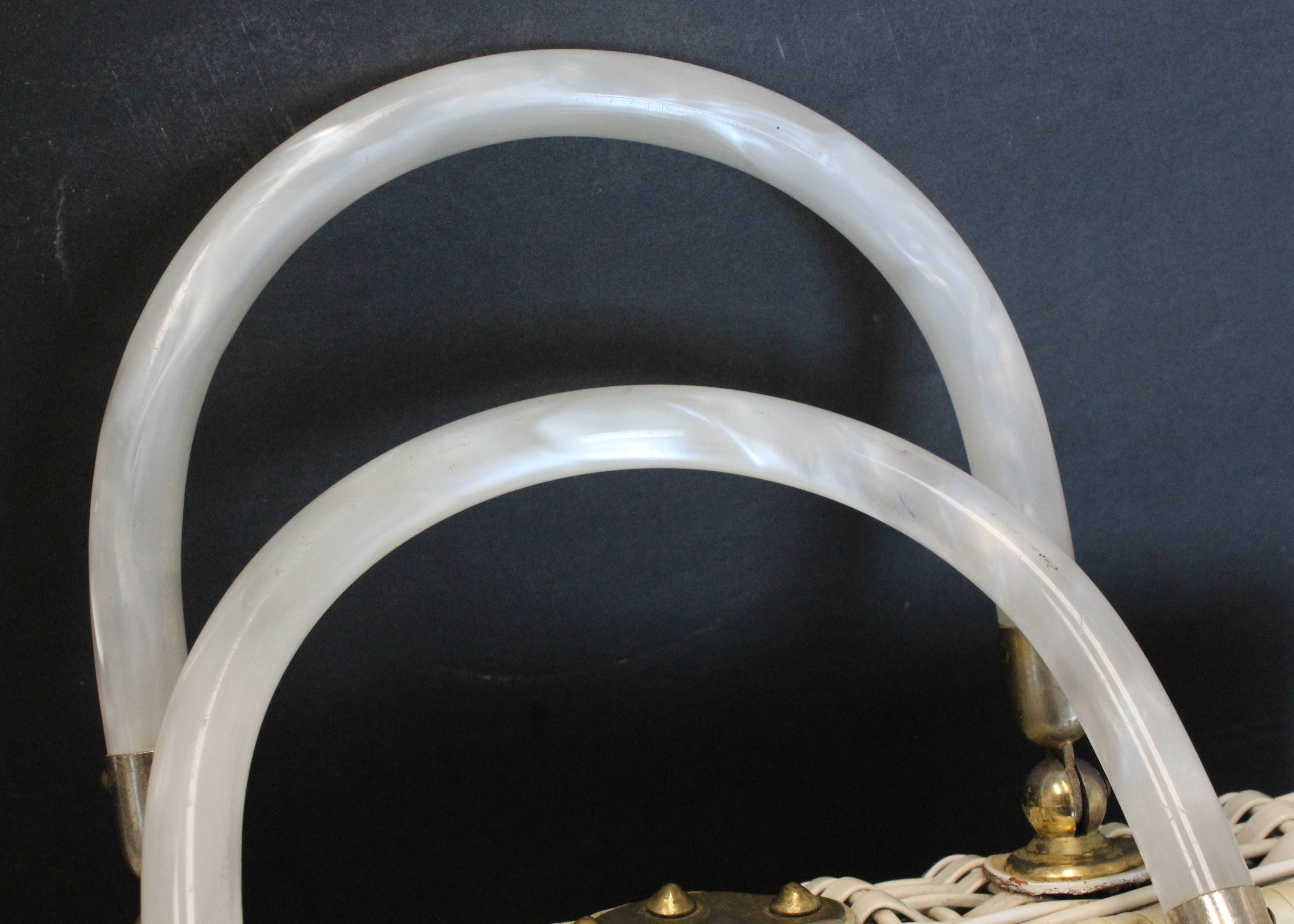 Vintage White Wicker Handbag with Pearl Lucite Handles