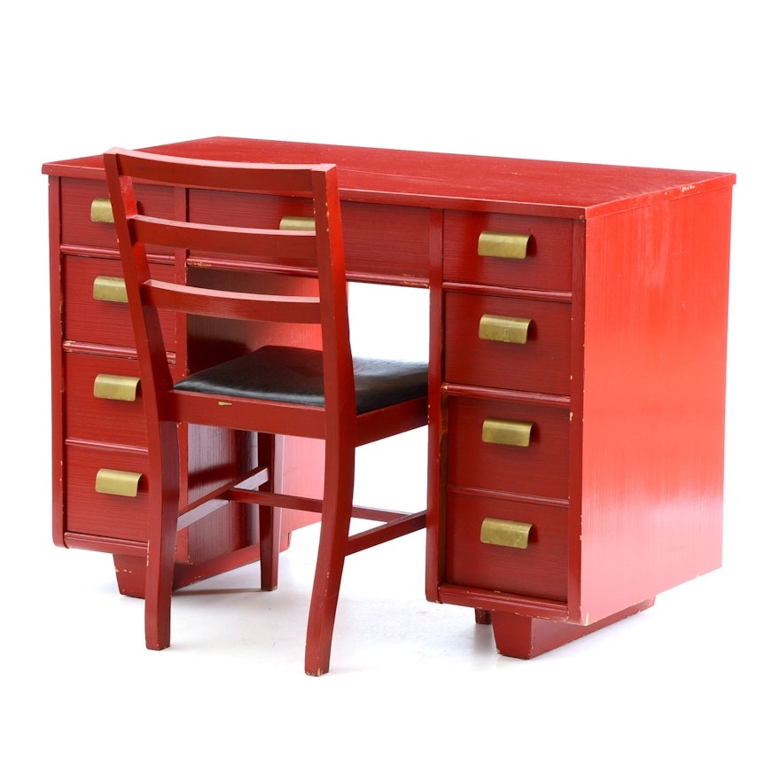 Red Painted Mid-Century Desk and Chair