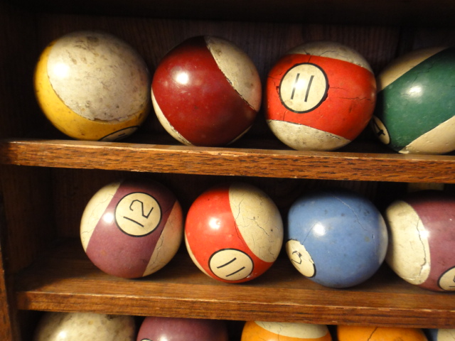 Vintage Pool Ball Rack and Clay Pool Balls