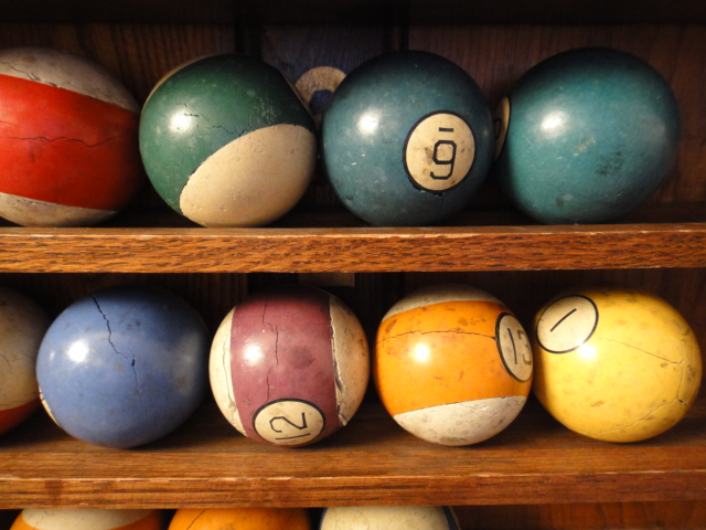 Vintage Pool Ball Rack and Clay Pool Balls