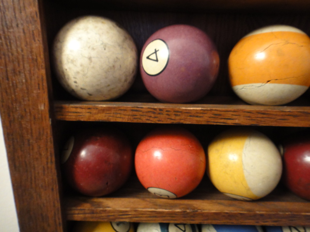 Vintage Pool Ball Rack and Clay Pool Balls