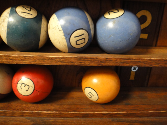 Vintage Pool Ball Rack and Clay Pool Balls