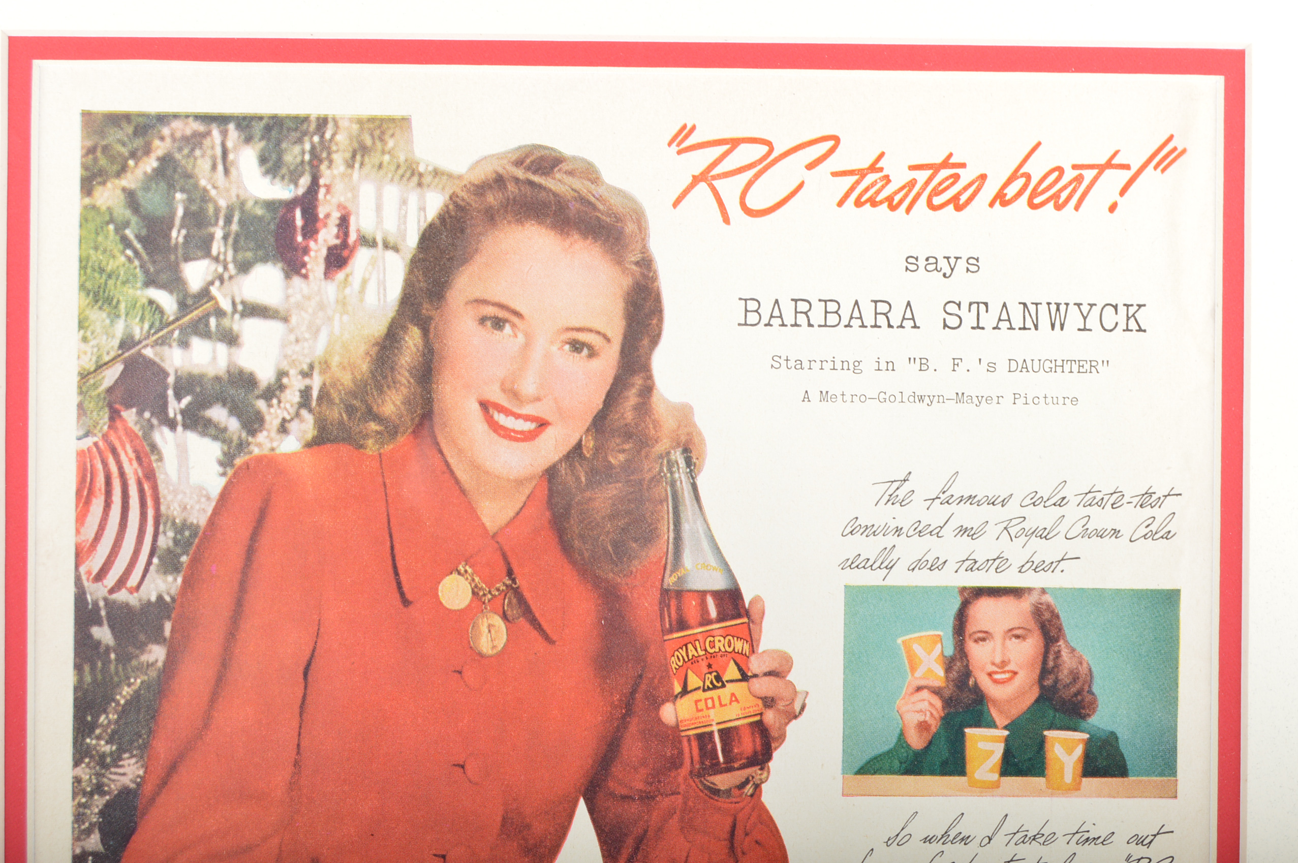 Original 1944  Advertisement for Royal Crown Cola with Barbara Stanwyck