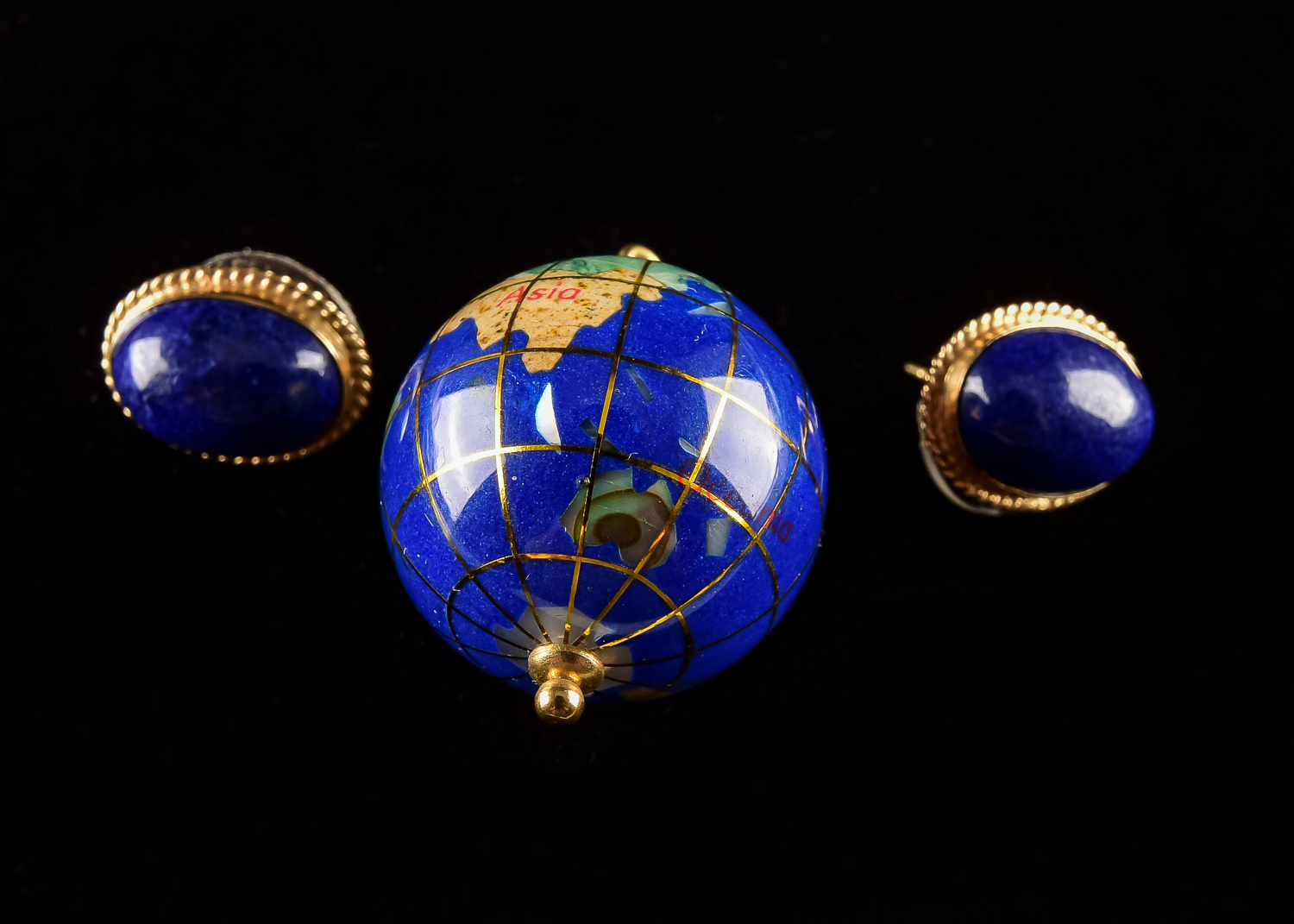 Gold and Lapis Earring and Globe Pendant Ensemble