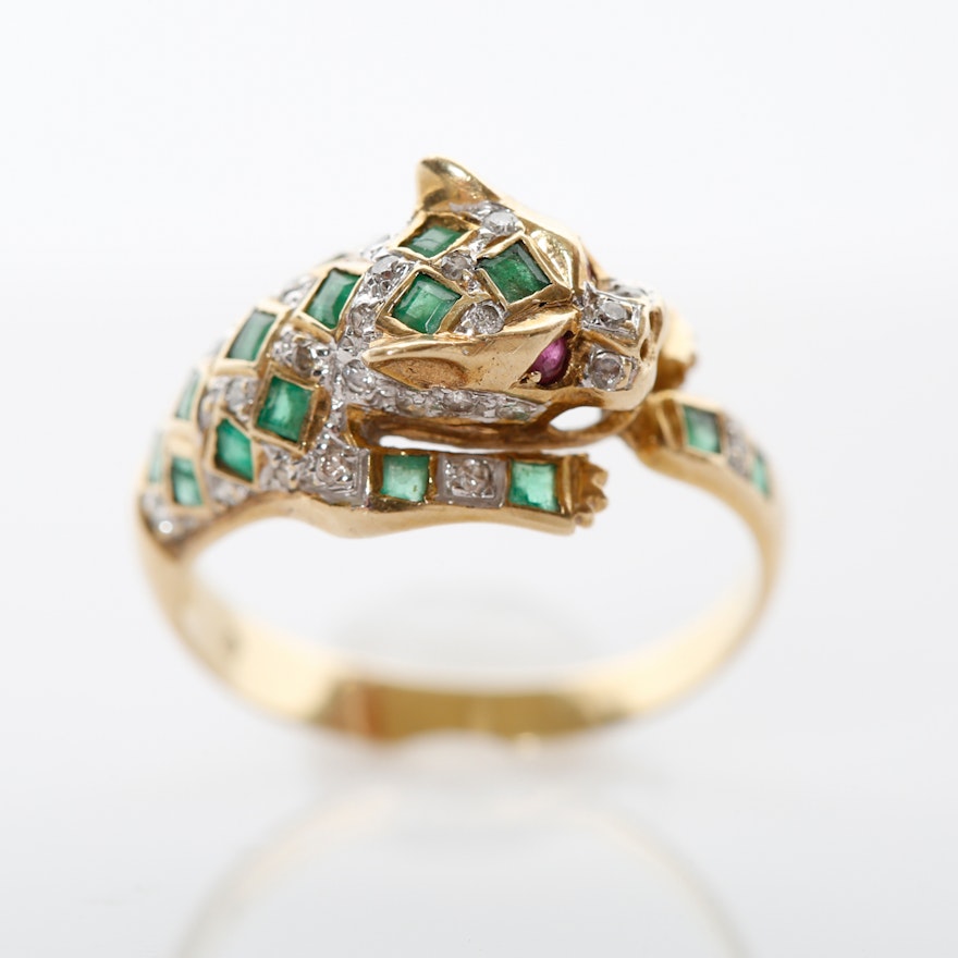 14K Gold Panther Emerald, Diamond, & Ruby Ring