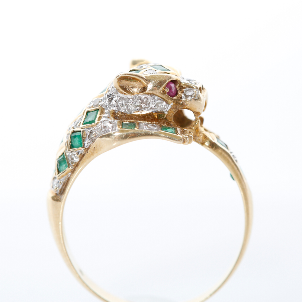 14K Gold Panther Emerald, Diamond, & Ruby Ring