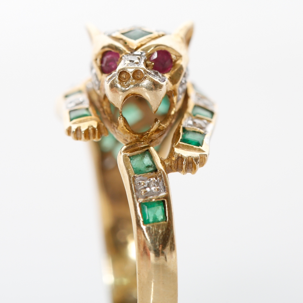 14K Gold Panther Emerald, Diamond, & Ruby Ring