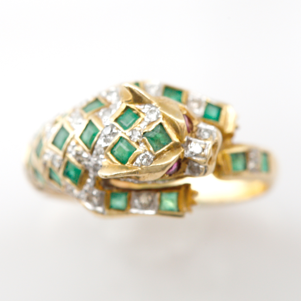 14K Gold Panther Emerald, Diamond, & Ruby Ring