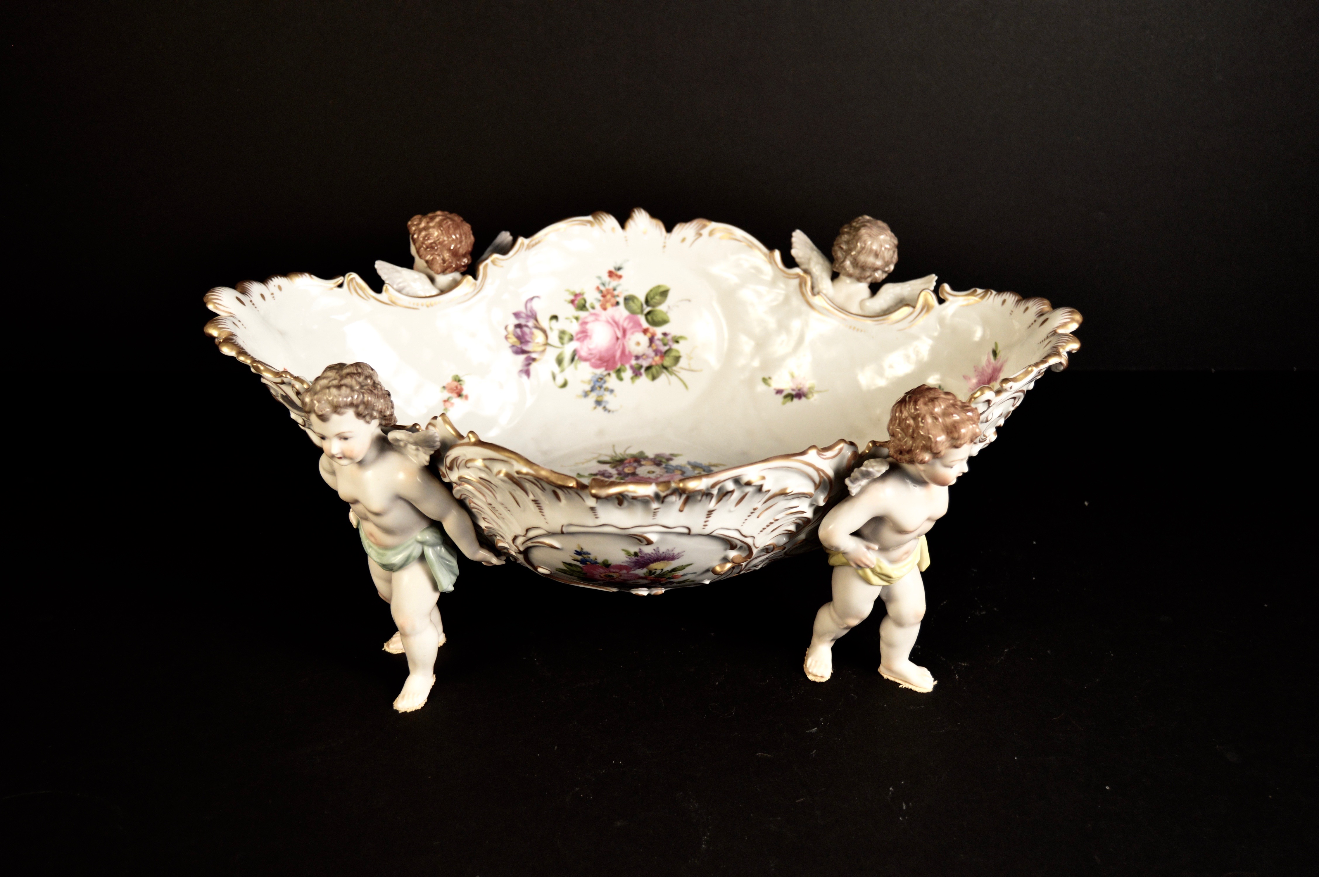 Large Rococo Revival Dresden Hand Painted Porcelain Bowl