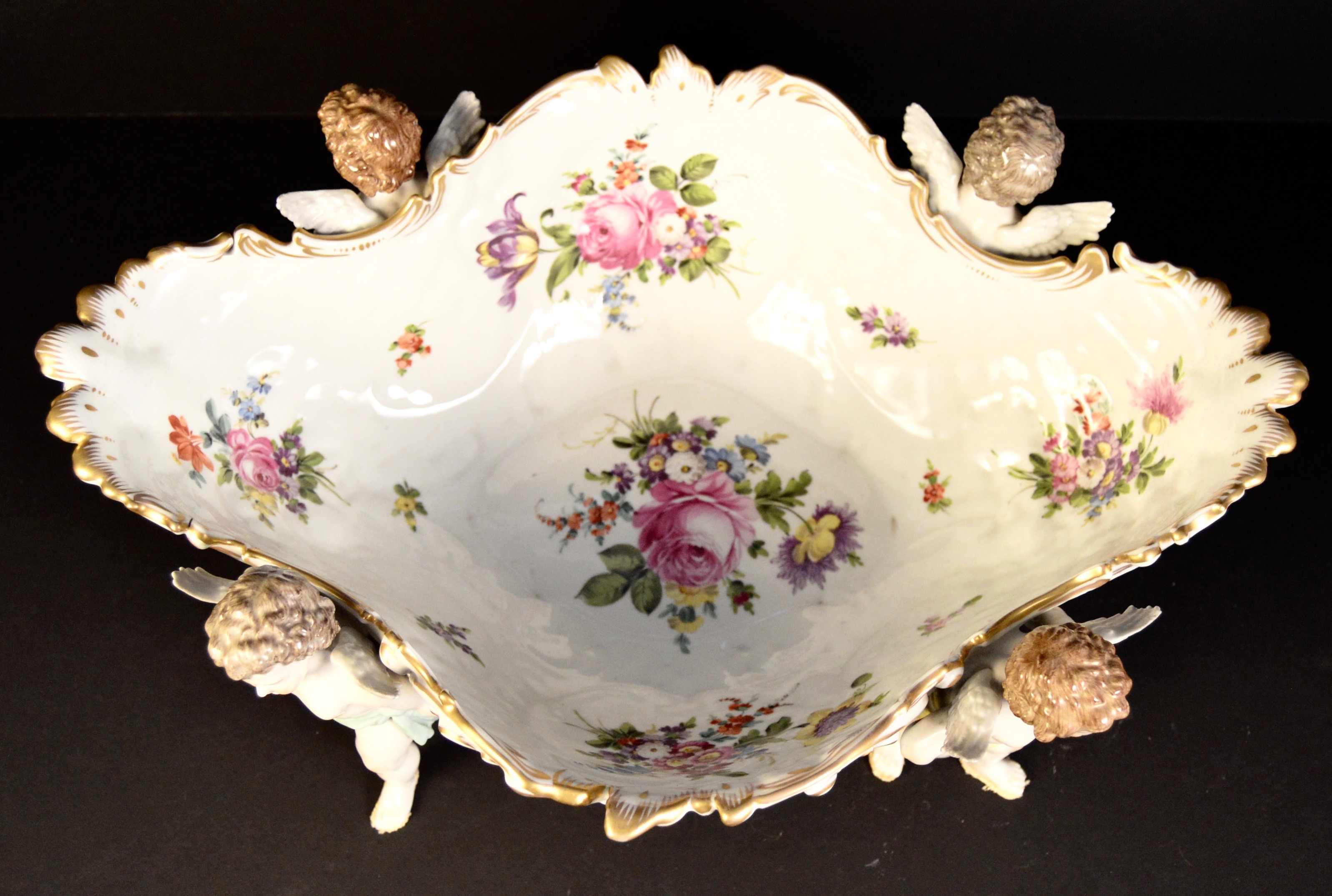 Large Rococo Revival Dresden Hand Painted Porcelain Bowl