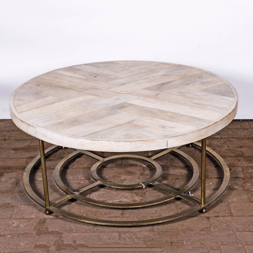 Modern Ash Circular Coffee Table with Brass Base
