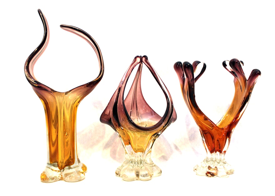 Trio of Hand-Blown Swung Art Glass Vases