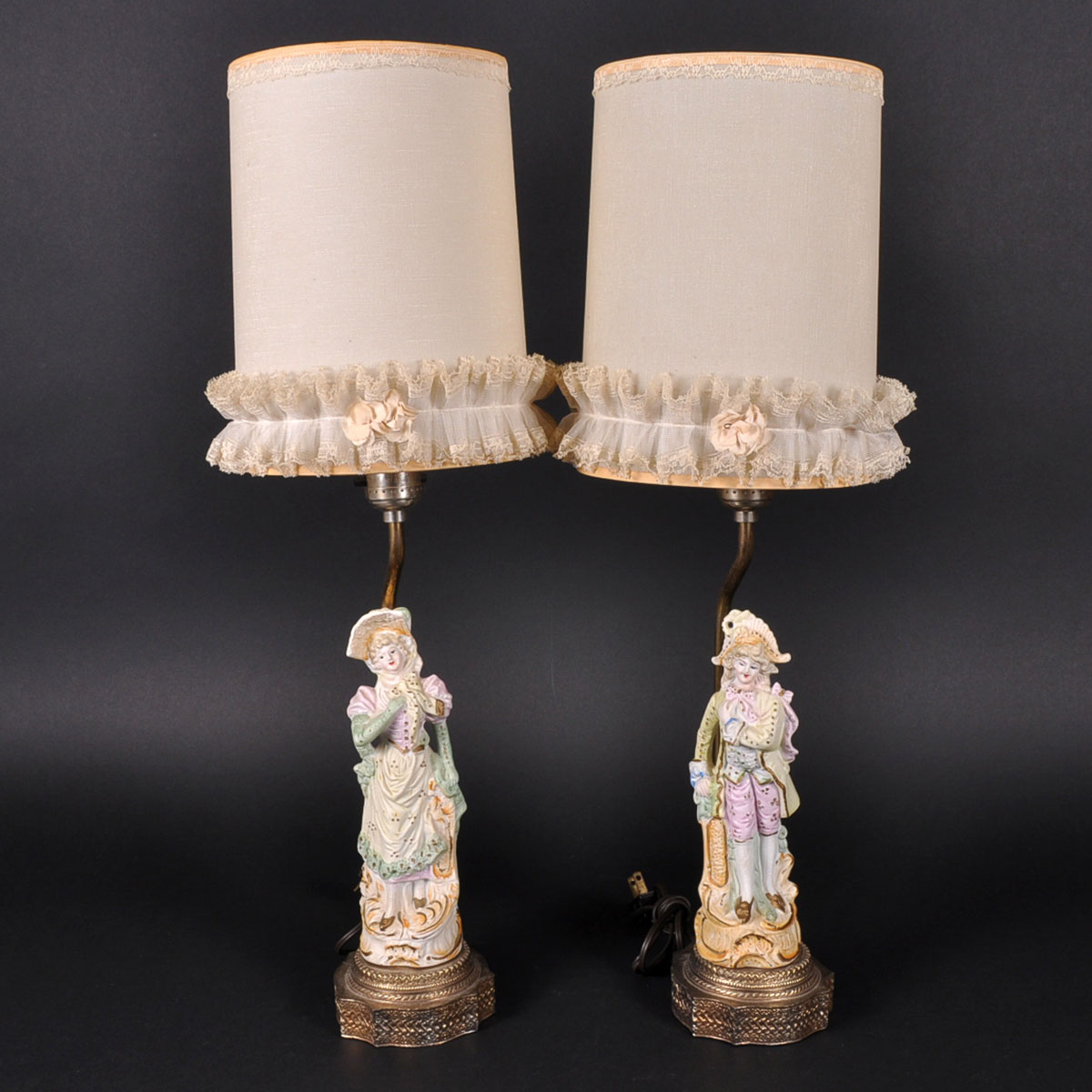 Pair of Vintage Ceramic Hand Painted Boudoir Lamps