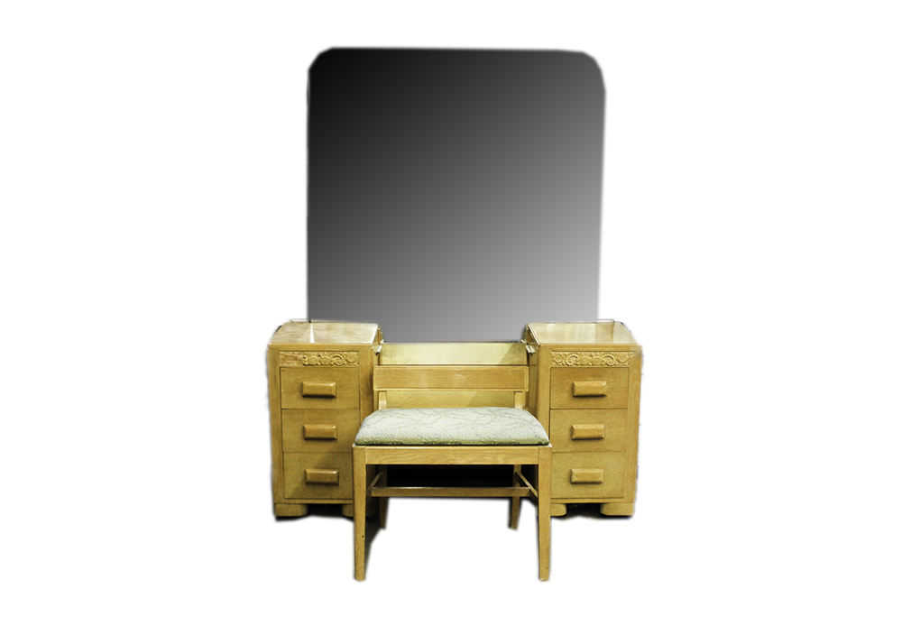 1950s Heywood Wakefield Style Birch Dressing Table, Vanity Mirror, and Stool