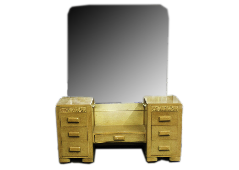 1950s Heywood Wakefield Style Birch Dressing Table, Vanity Mirror, and Stool