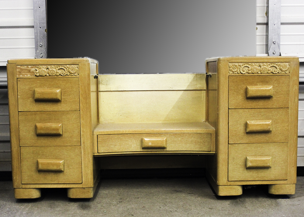 1950s Heywood Wakefield Style Birch Dressing Table, Vanity Mirror, and Stool