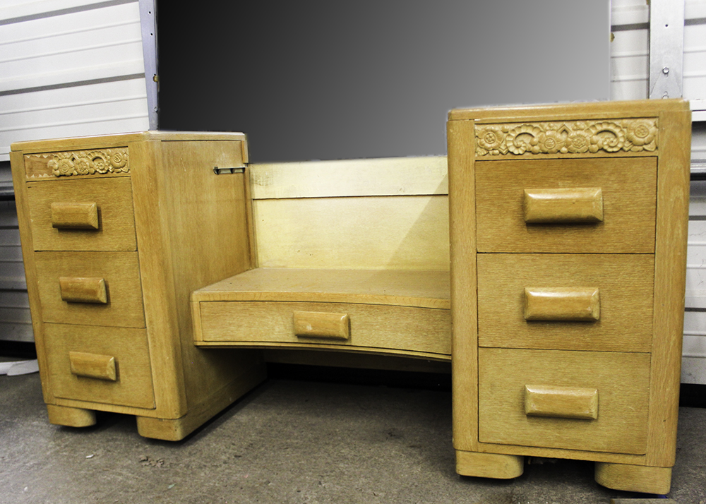 1950s Heywood Wakefield Style Birch Dressing Table, Vanity Mirror, and Stool