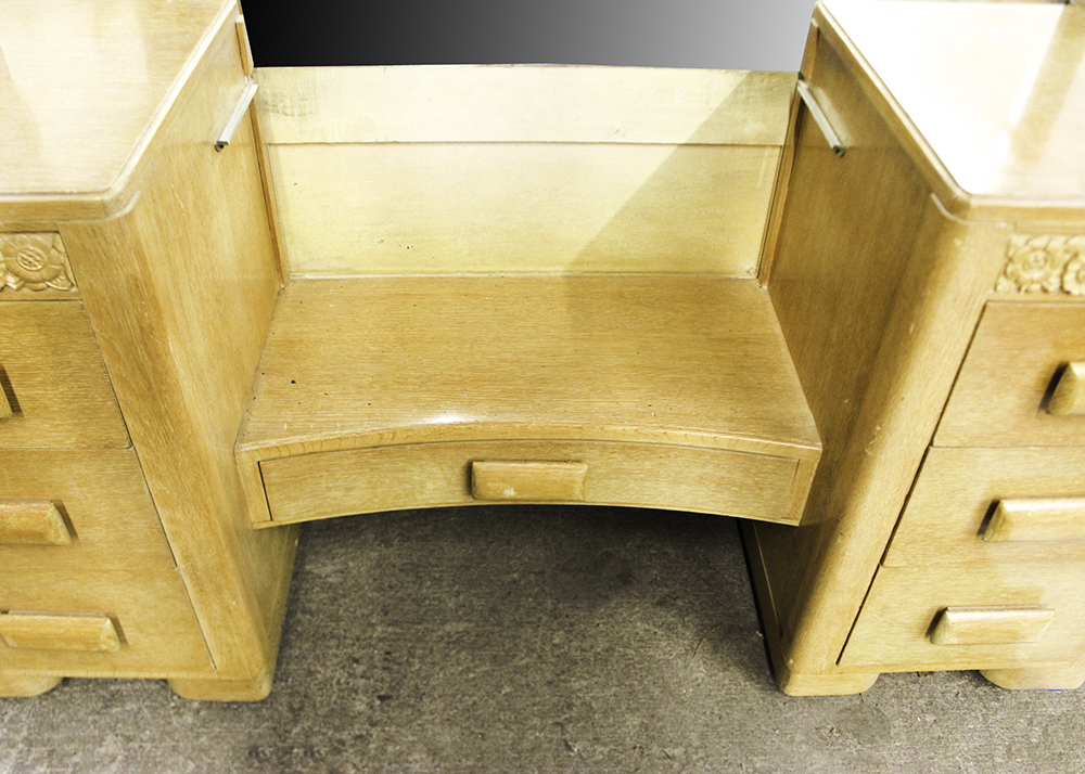 1950s Heywood Wakefield Style Birch Dressing Table, Vanity Mirror, and Stool