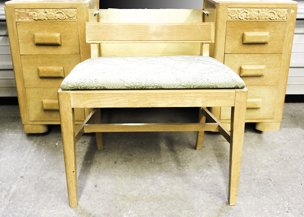 1950s Heywood Wakefield Style Birch Dressing Table, Vanity Mirror, and Stool