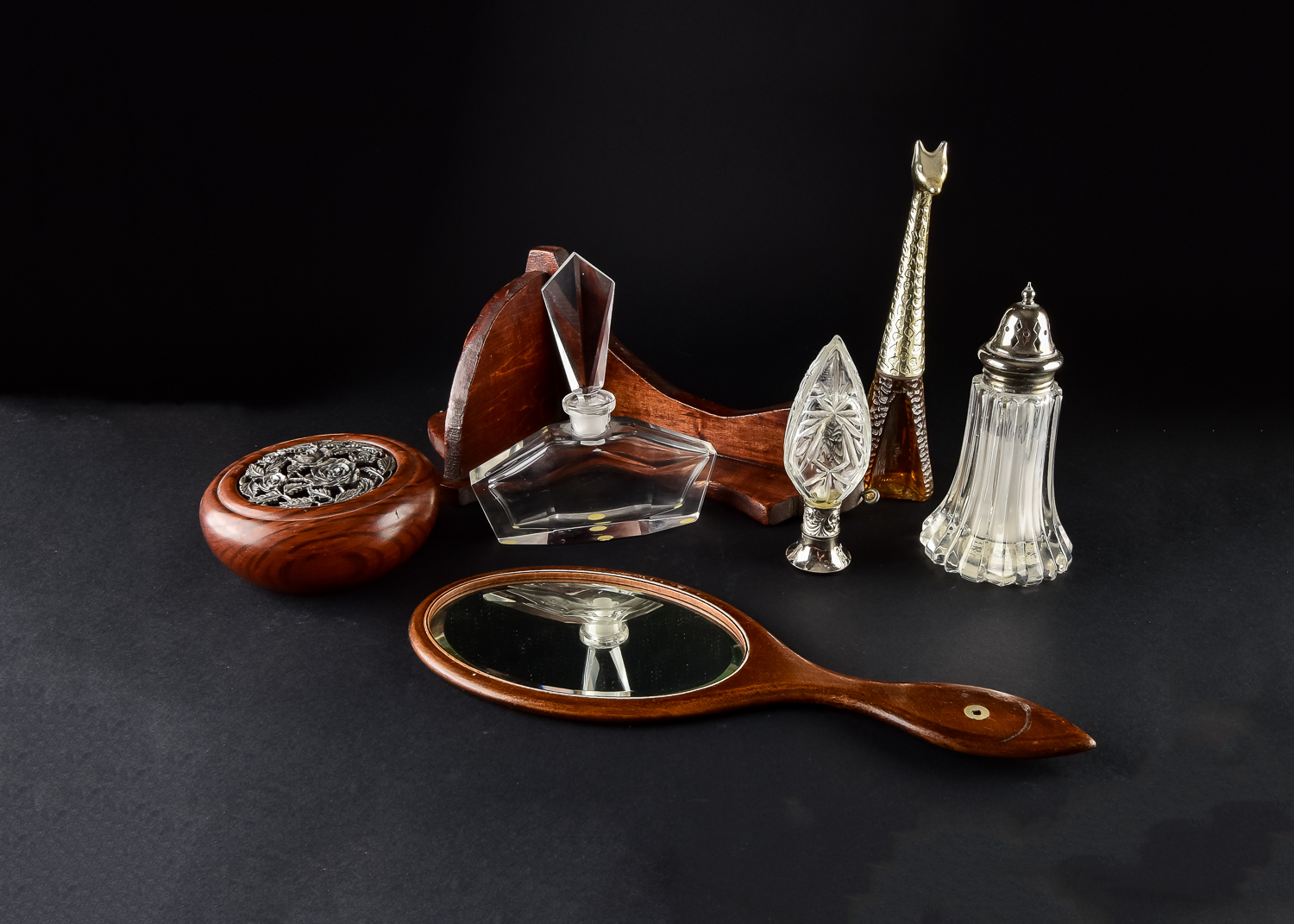 Collection of Wood and Glass Vanity Accessories