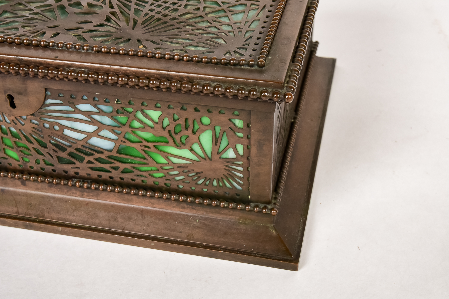 Tiffany Studios "Pine Needle" Bronze and Slag Glass Box