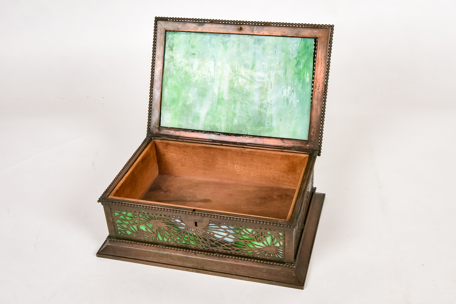 Tiffany Studios "Pine Needle" Bronze and Slag Glass Box