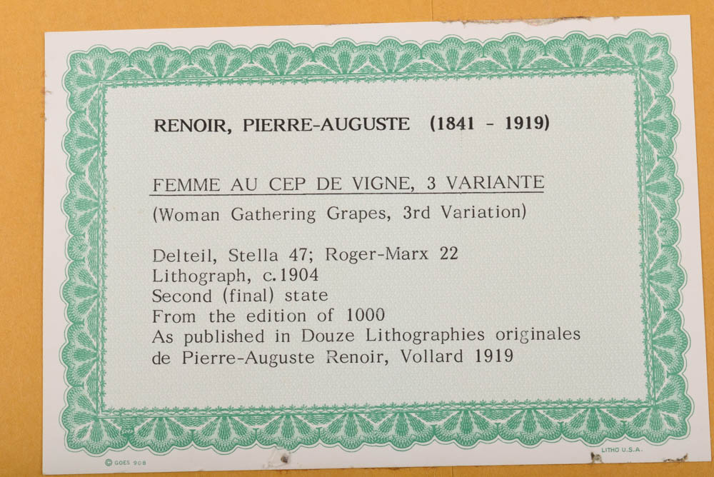 Pierre-Auguste Renoir Lithograph "Femme au cep de Vigne"