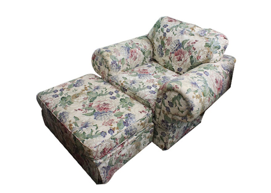 Floral Overstuffed Armchair with Ottoman