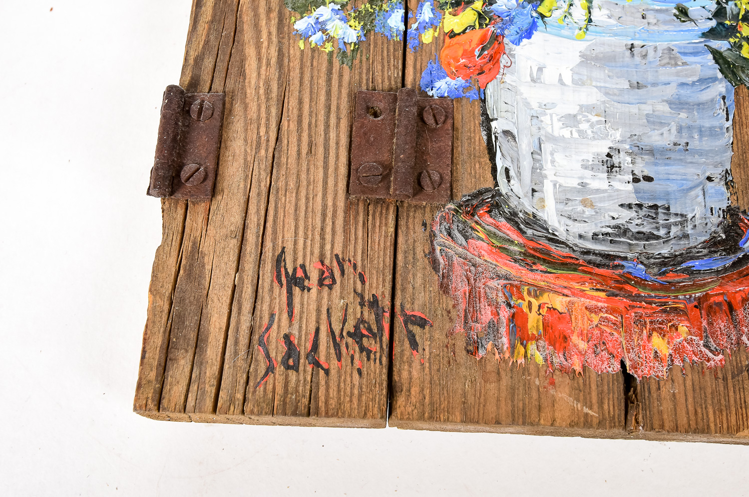 Original Signed Oil on Antique Wood Fragment