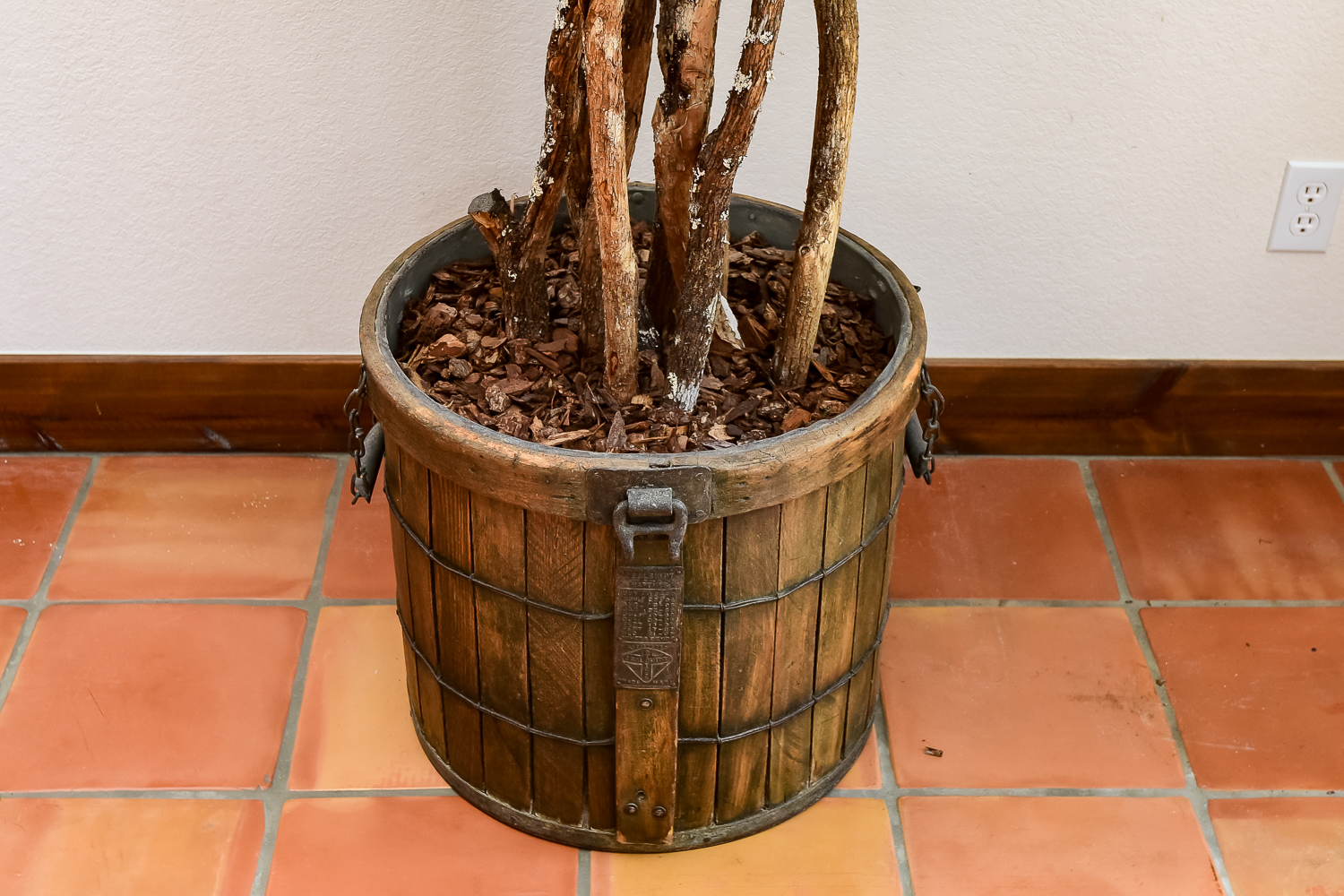 Faux Tree in a Wood Barrel
