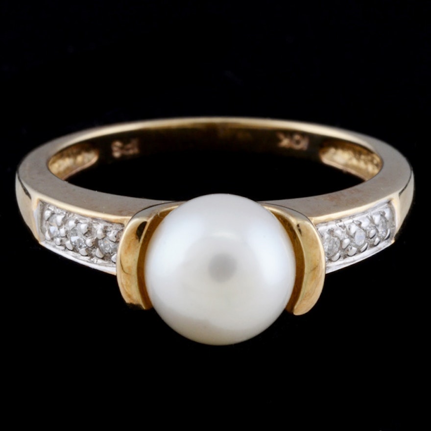 10K Yellow Gold Pearl and Diamond Ring