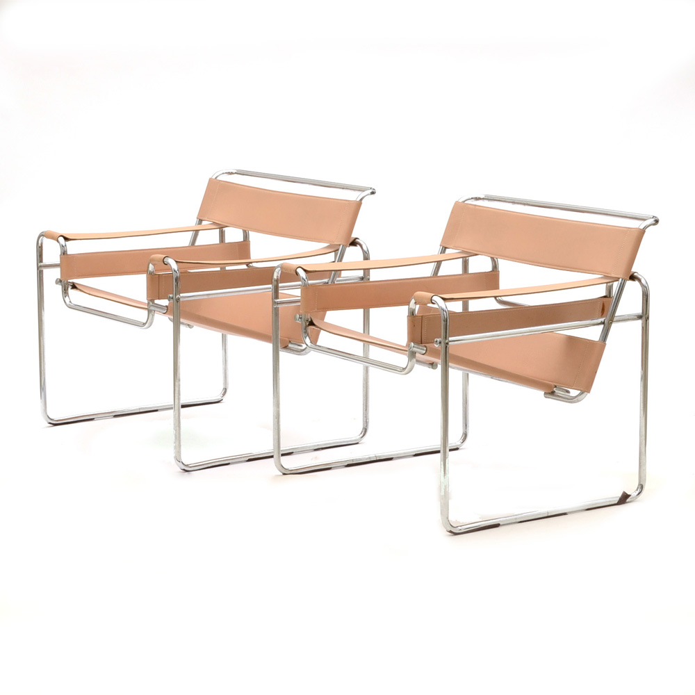 Two Vintage Marcel Breuer "Wassily" Reproduction Leather Accent Chairs