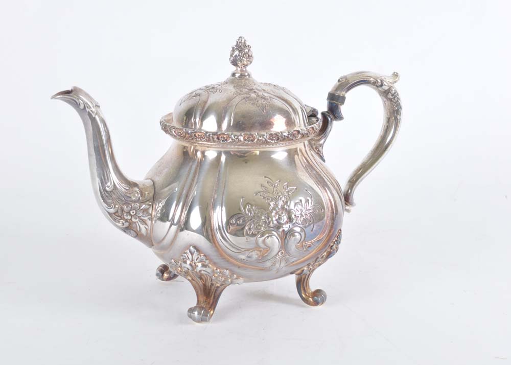 International Silver Du Barry Chased Silverplate Holloware Tea Service