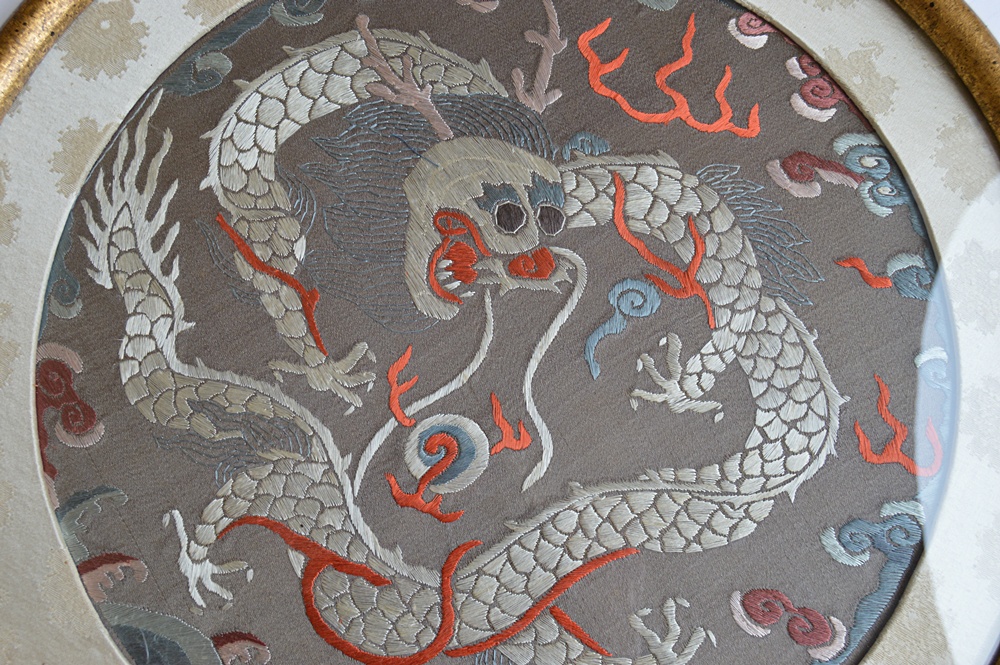 Framed Chinese Dragon Embroidered Silk Panel