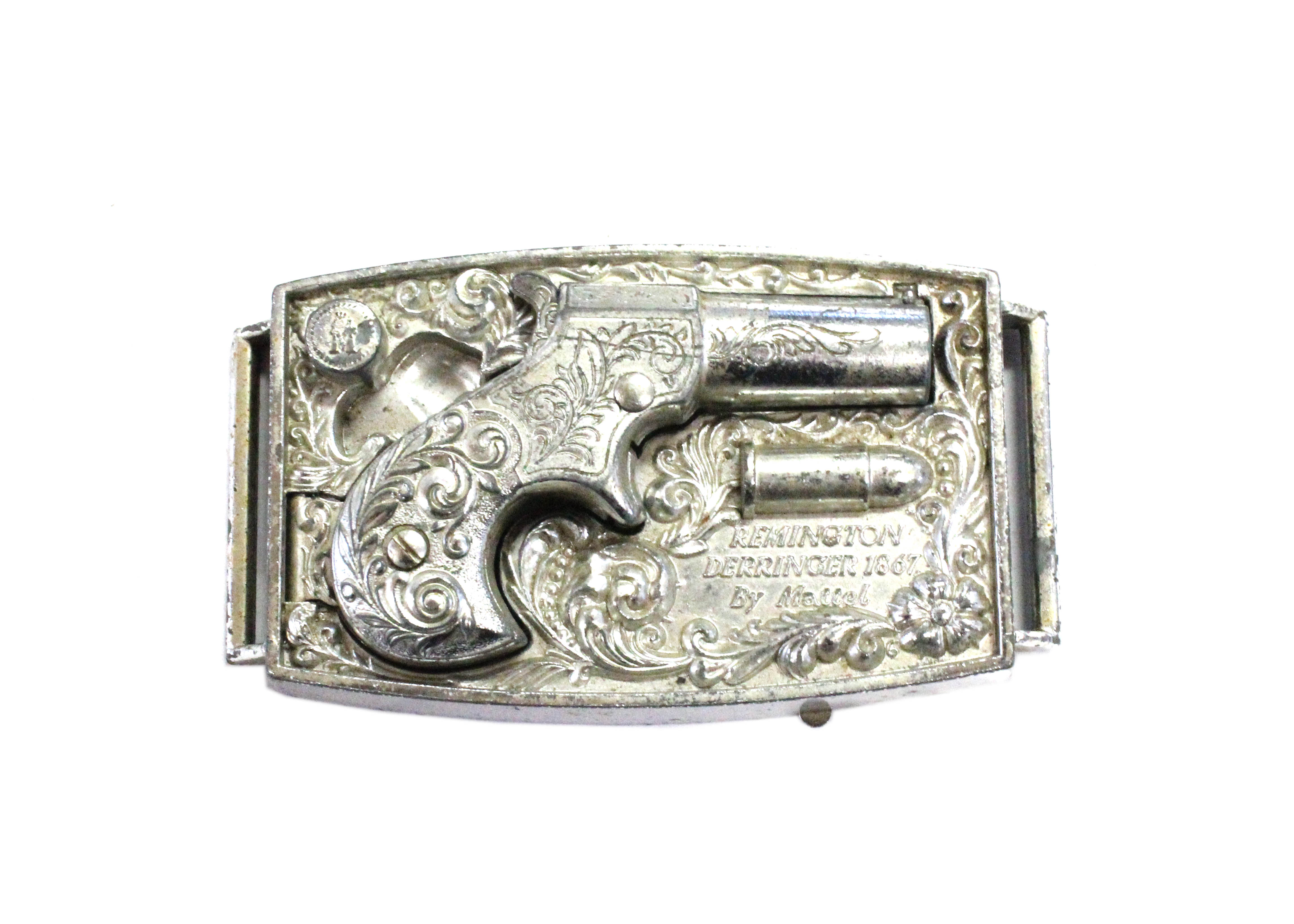 Vintage 1959 Remington Derringer Silver Tone Belt Buckle with Cap Gun