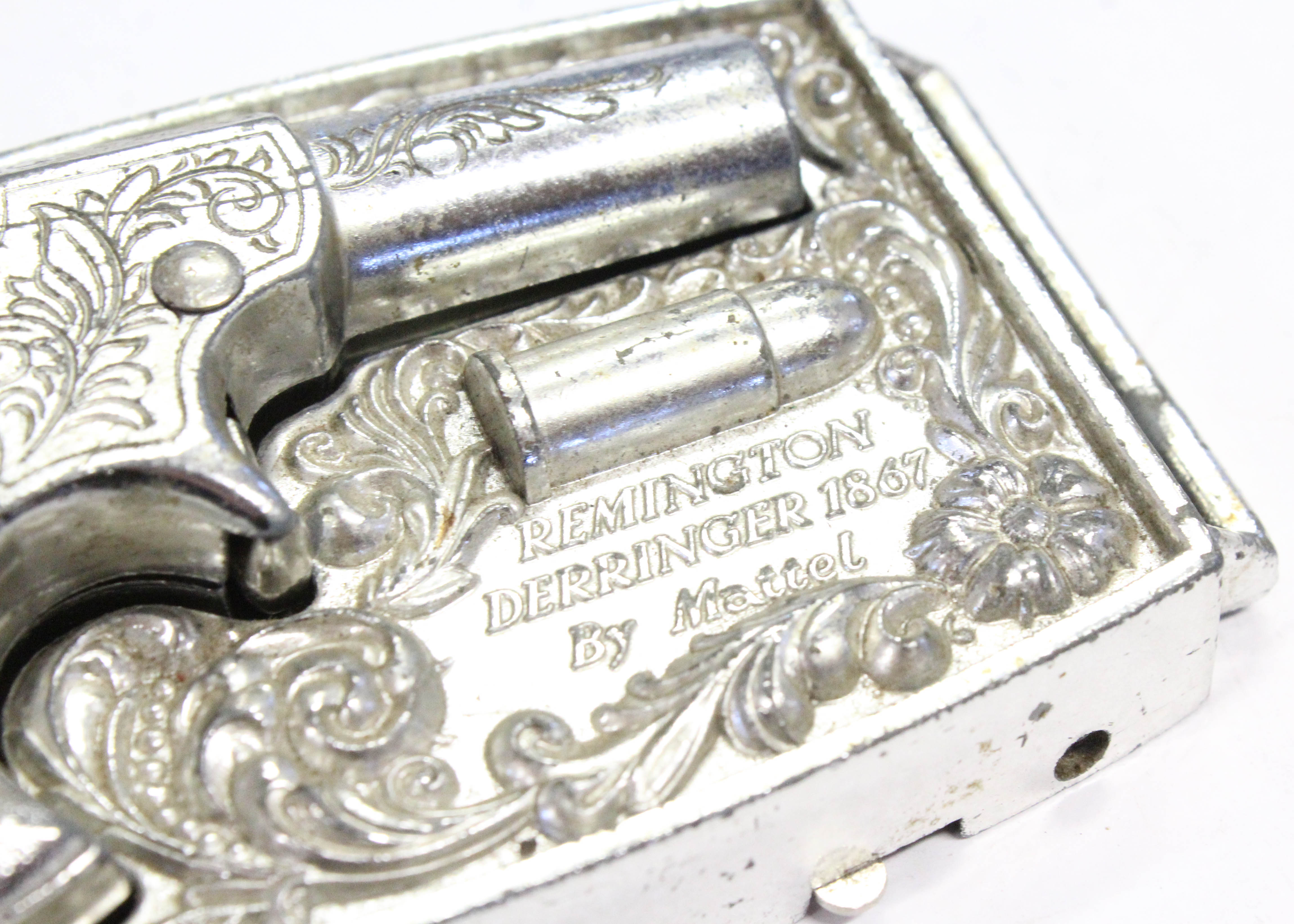 Vintage 1959 Remington Derringer Silver Tone Belt Buckle with Cap Gun