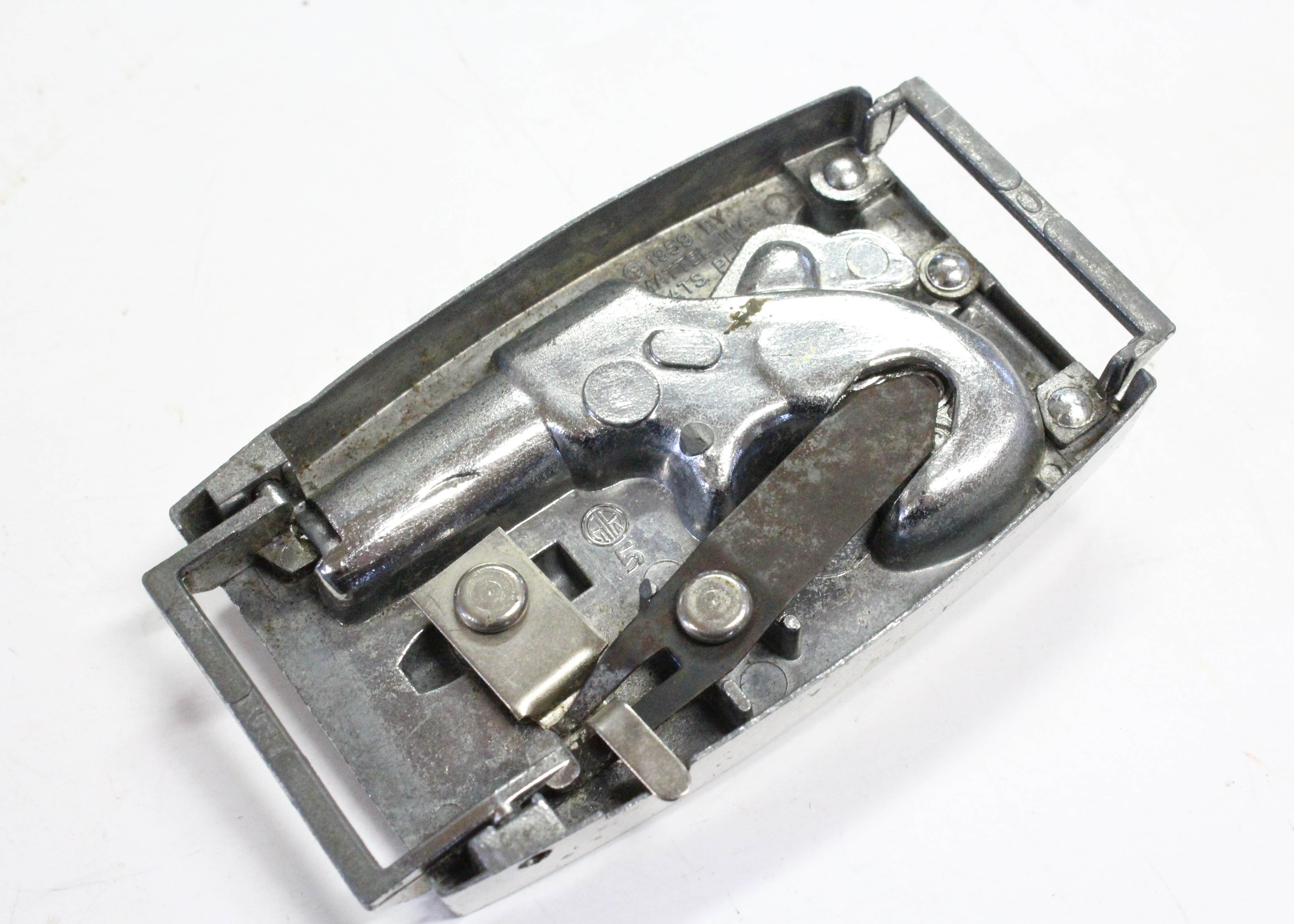 Vintage 1959 Remington Derringer Silver Tone Belt Buckle with Cap Gun