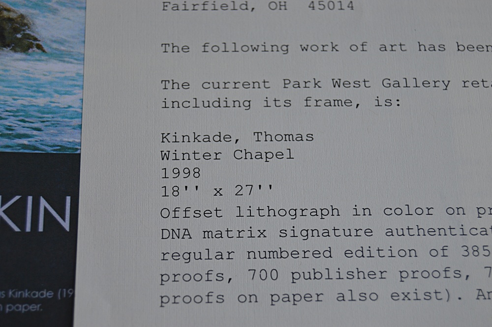 Numbered and Matrix-Signed Thomas Kinkade Offset Lithograph