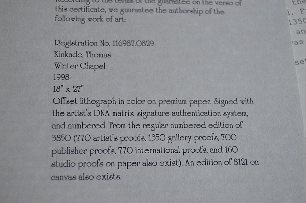 Numbered and Matrix-Signed Thomas Kinkade Offset Lithograph