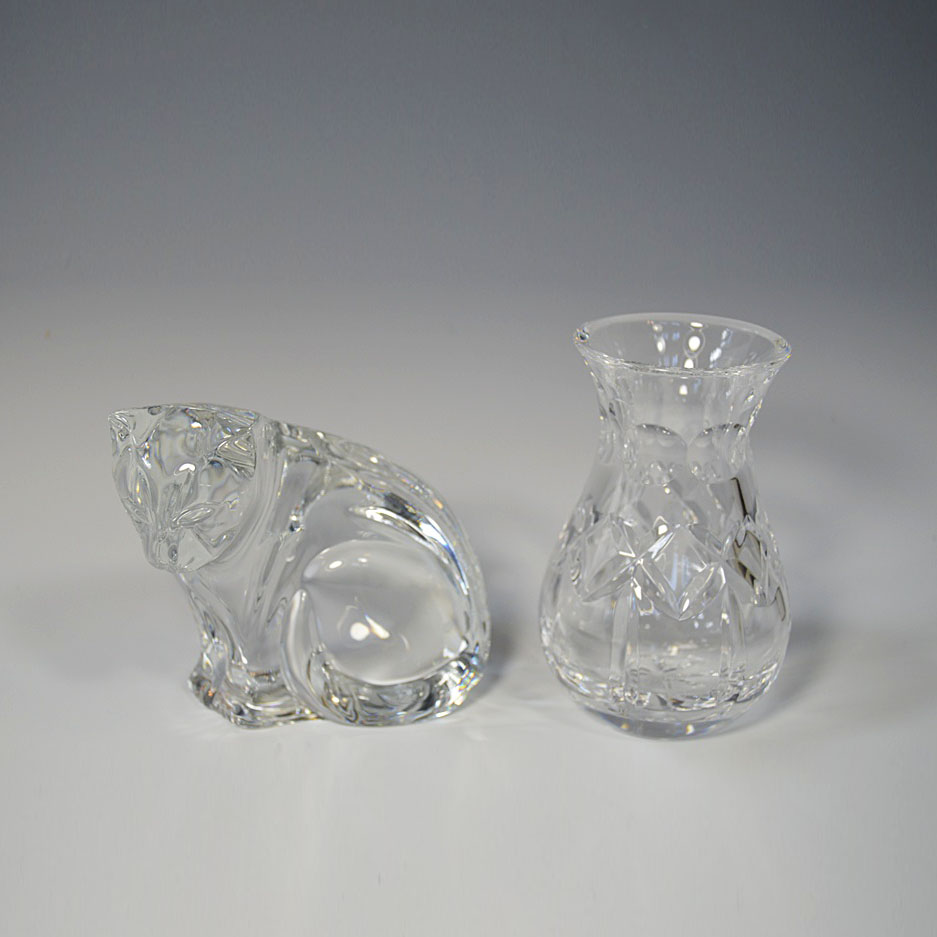 Waterford Crystal Cat Paperweight and "Lismore" Bud Vase