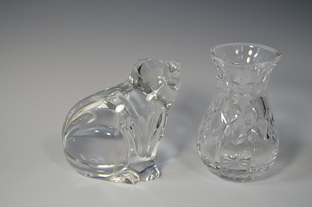 Waterford Crystal Cat Paperweight and "Lismore" Bud Vase