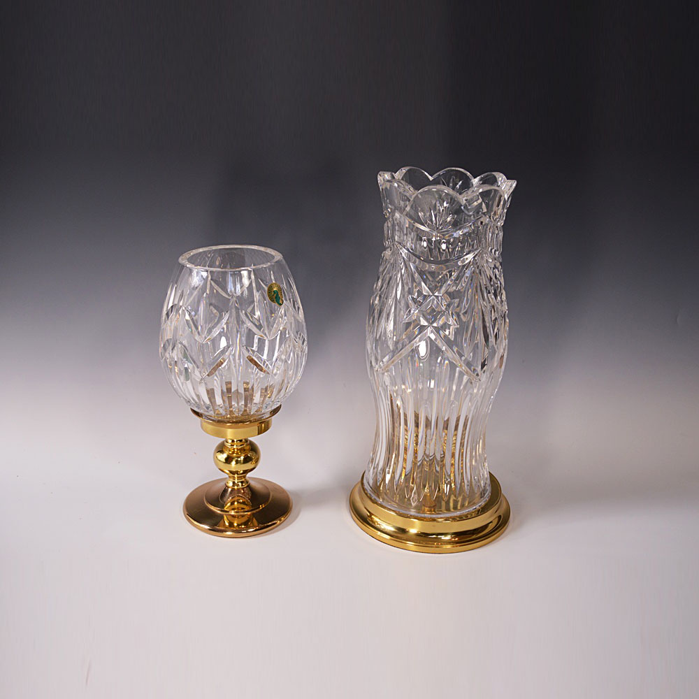 Waterford "Lismore" Crystal and Brass Hurricane Candleholders