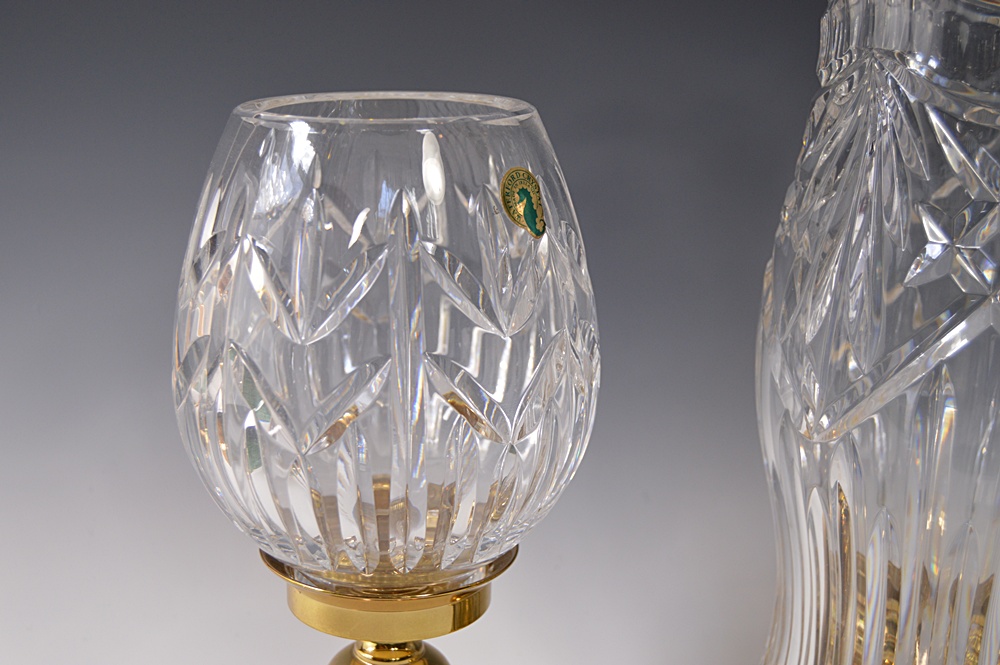 Waterford "Lismore" Crystal and Brass Hurricane Candleholders