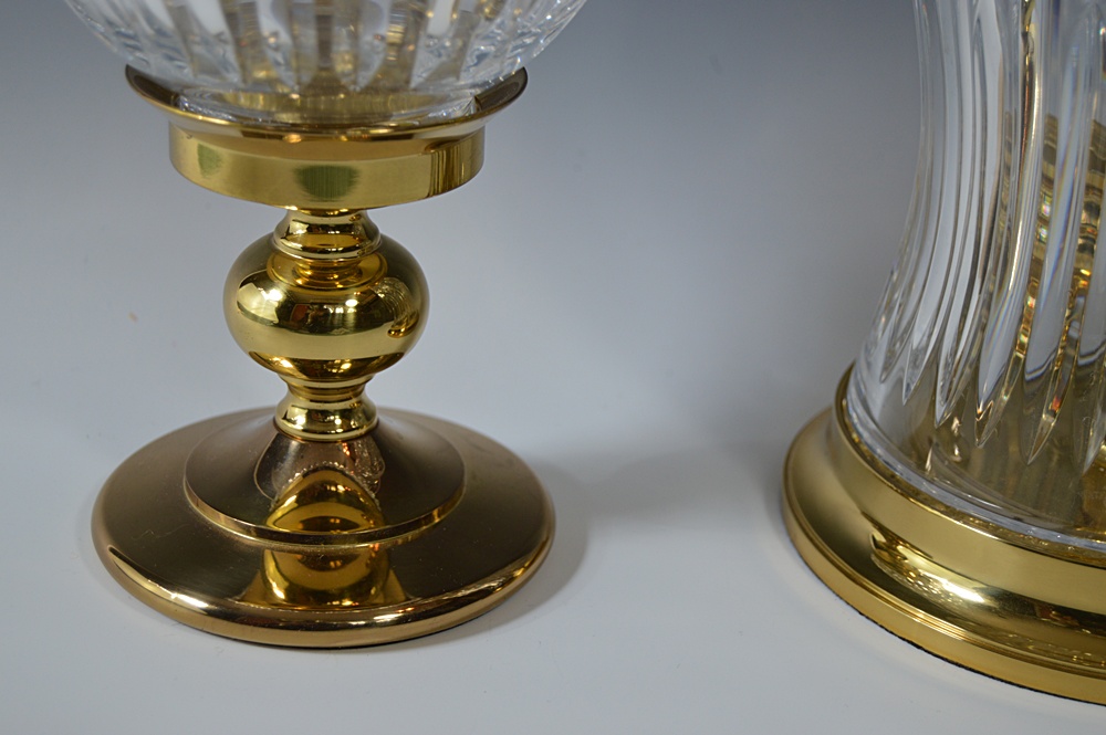 Waterford "Lismore" Crystal and Brass Hurricane Candleholders