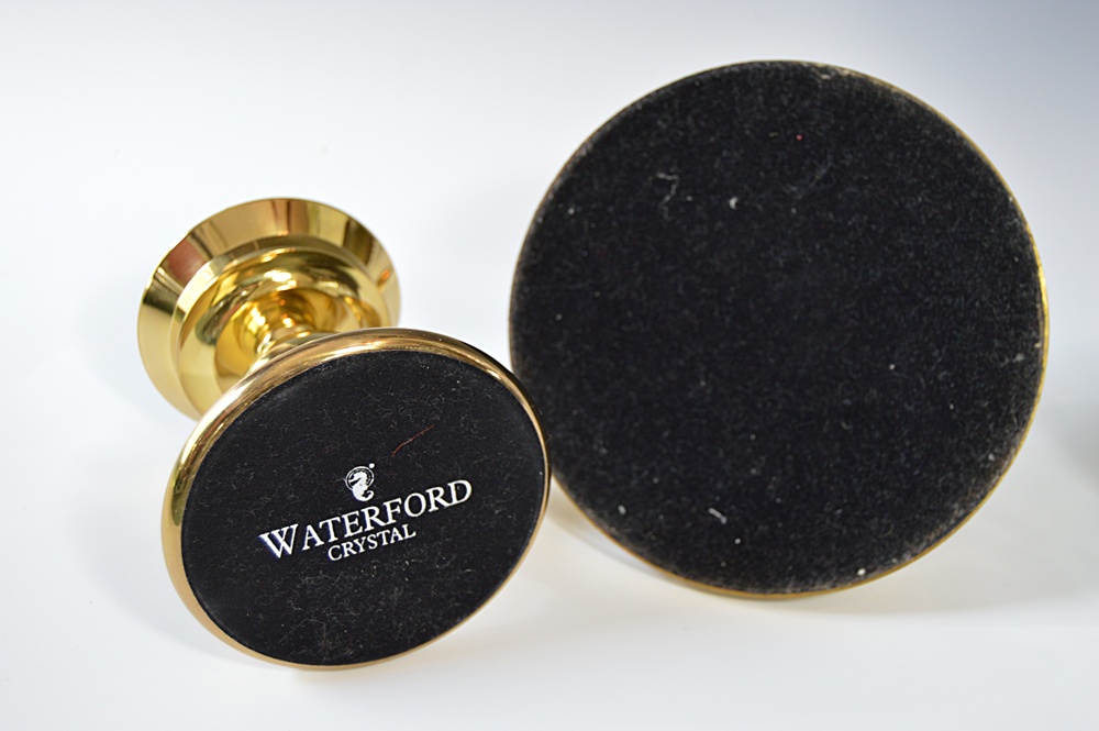 Waterford "Lismore" Crystal and Brass Hurricane Candleholders