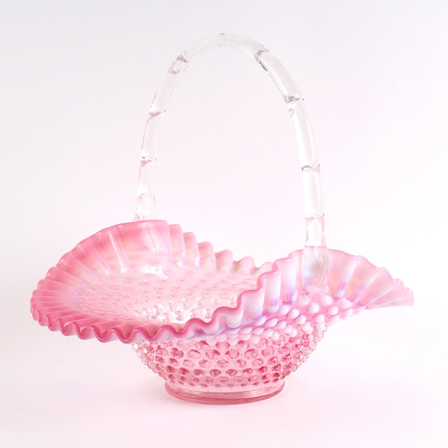 Vintage Fenton Style Hobnail Pink Art Glass Basket